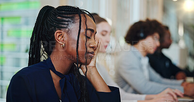 Buy stock photo Black woman, employee and tired at office with burnout, exhausted and overworked as technician consultant. Female person, call center agent and sleeping at workplace with fatigue for customer support