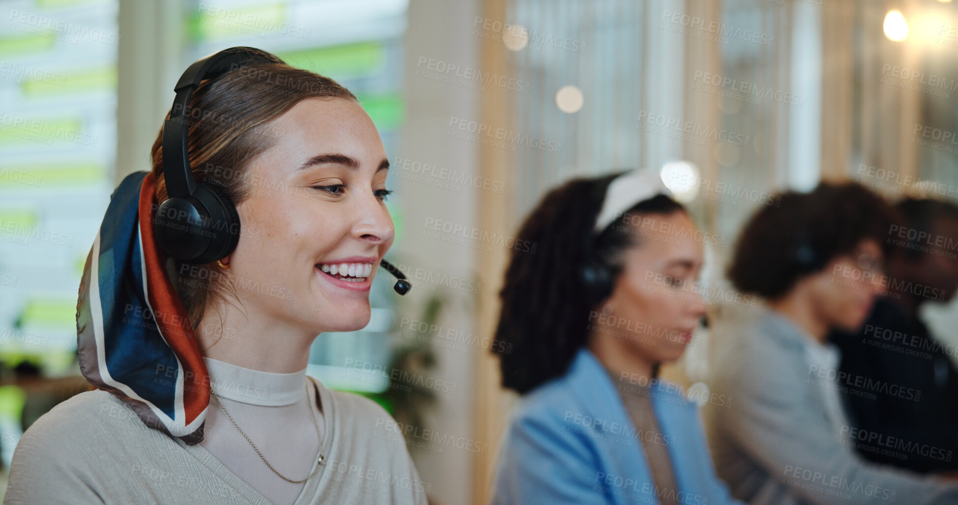 Buy stock photo Call center agent, woman and smile in office as customer service professional for sales company. Female person, headset and happy in telemarketing agency for communication, support and crm help desk