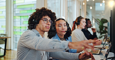 Buy stock photo Call center, woman and man with computer for training, sales questions or customer service for business. Coworking, consultant or coach with advice for telemarketing, microphone or teamwork in office