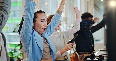 Buy stock photo Call center, success and business woman in office for sales target, achievement and winner. Telemarketing, customer service agent and winner with people for teamwork, contact us and celebration