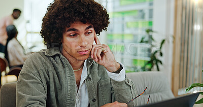 Buy stock photo Thinking, student and man with laptop, tired and online reading for email notification. University, college or person with computer, exhausted or fatigue with assignment, education or problem solving