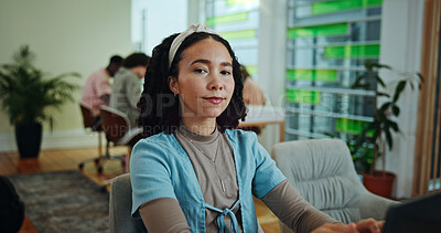 Buy stock photo Business woman, happy and portrait in workplace for professional service, confident and career. Employee, smile and internship in office for job ambition, growth and company development in France
