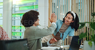 Buy stock photo Campus, smile and students with high five for education, english project or studying in collaboration. College, people and friends with hand gesture for success, test score or solidarity for teamwork