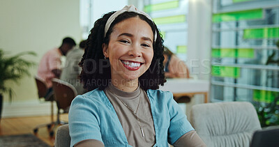 Buy stock photo Business woman, confident and portrait in office for professional service, happy and career. Employee, smile and internship in workplace for job ambition, growth and company development in France
