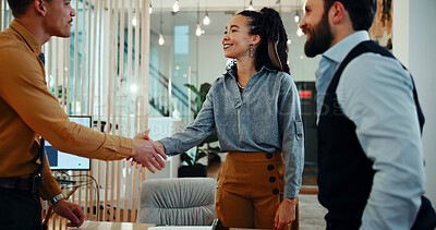 Buy stock photo Business man, woman and shaking hands in office with team for welcome, smile and deal at media company. People, group and handshake with b2b agreement, collaboration and happy at creative agency