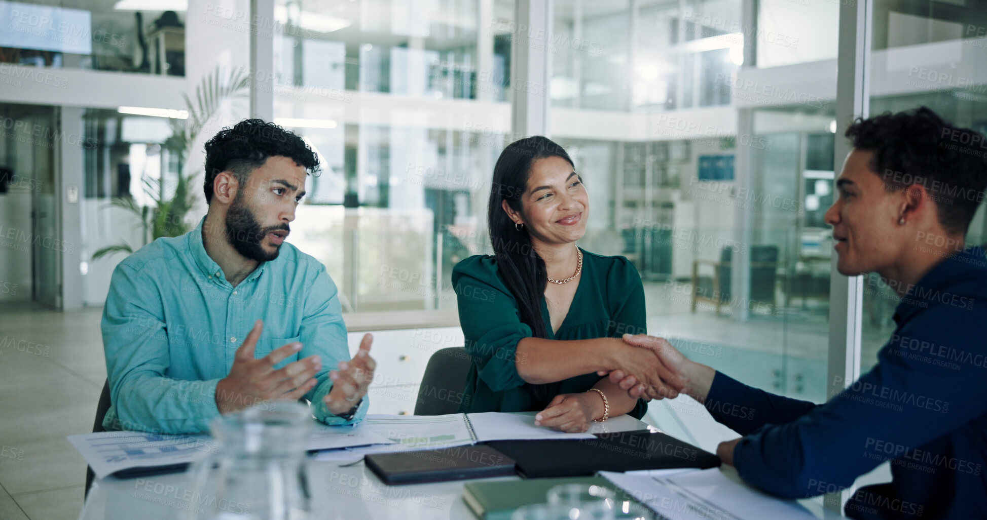 Buy stock photo Handshake, corporate and hands of business people in meeting for teamwork, collaboration and partnership. Professional, office and workers with gesture for agreement, congratulations and thank you