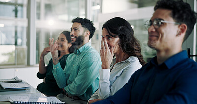 Buy stock photo Business people, funny and planning in meeting, teamwork and happiness in modern office. Employees, group and coworkers with joke, laughing and brainstorming for project, feedback and embarrassed