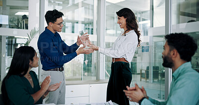 Buy stock photo Trophy, success and applause with business people in workshop for celebration, congratulations and award. Prize, promotion and achievement with employee in meeting for reward, bonus and thank you