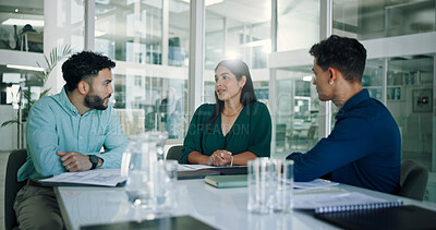 Buy stock photo Meeting, discussion and business people in office with woman, interview and proposal for project management. Growth, development and team in conference room for workshop, planning and strategy ideas