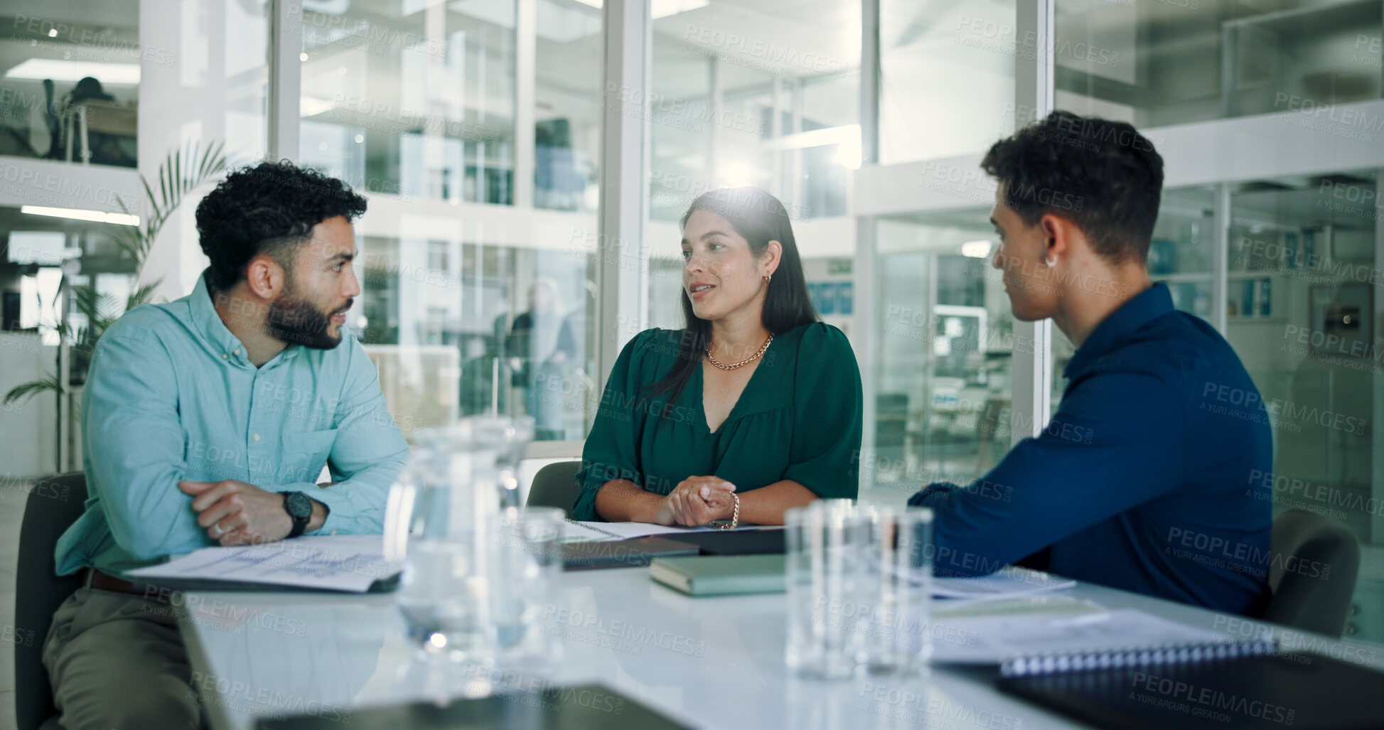 Buy stock photo Meeting, discussion and business people in office with woman, interview and proposal for project management. Growth, development and team in conference room for workshop, planning and strategy ideas