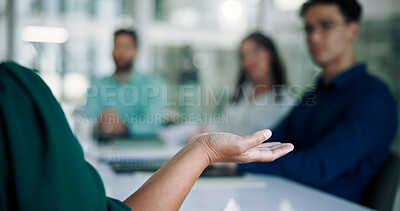 Buy stock photo Business person, hands and meeting with explanation for presentation, speech or coaching at conference. Employee, speaker and group with question for proposal, demand or communication in boardroom