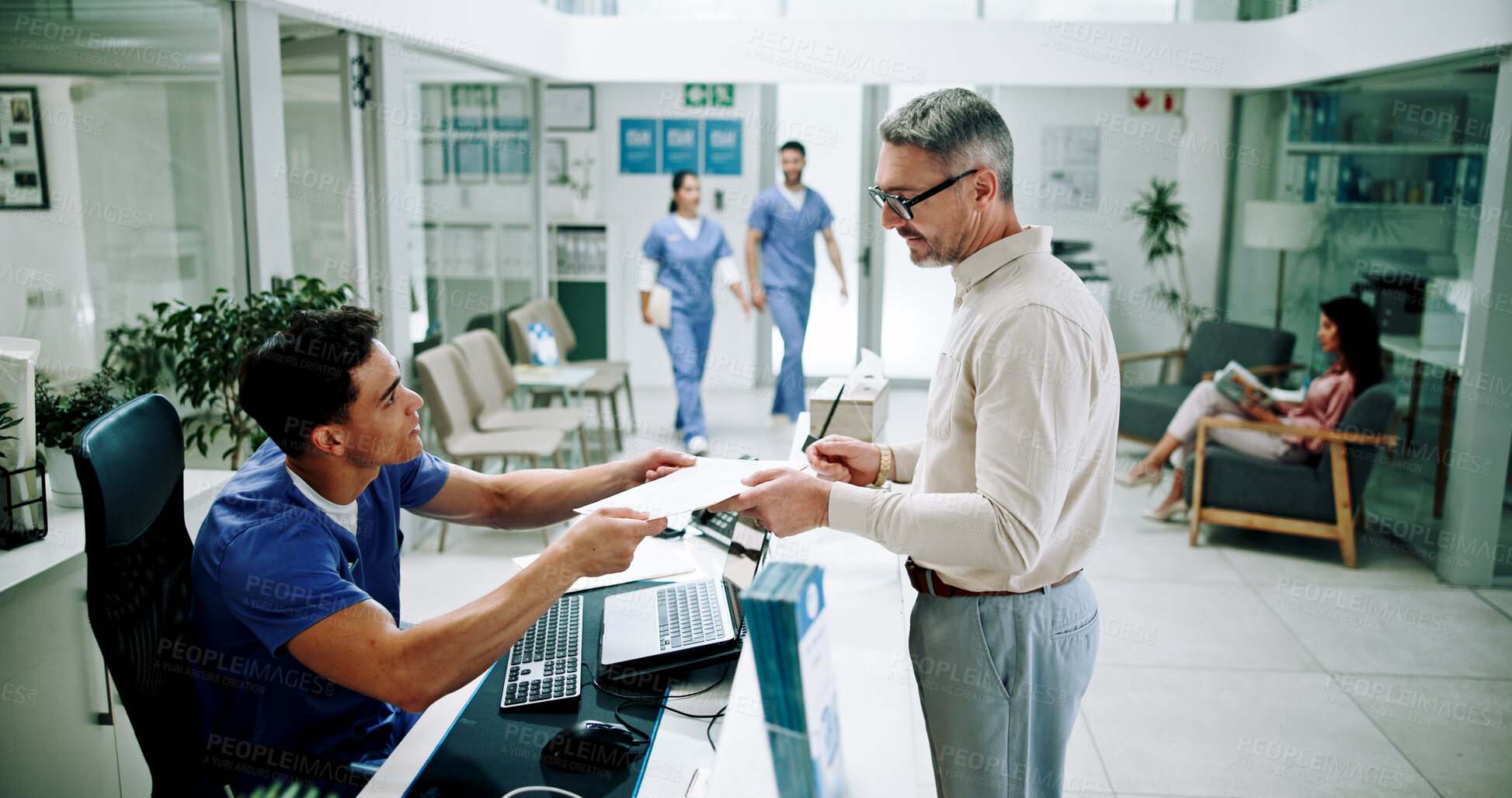 Buy stock photo Hospital, nurse and man at front desk with paperwork for appointment, consultation and medical service. Healthcare, clinic and mature patient with admin for insurance, application form and documents