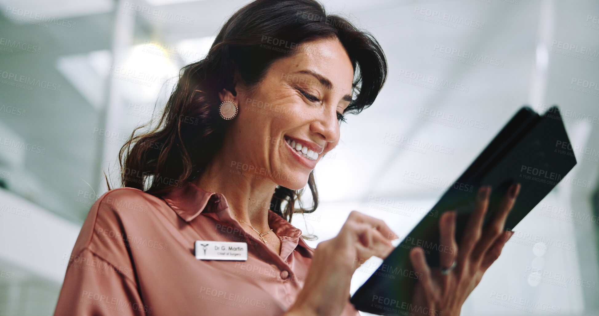 Buy stock photo Hospital, consultant and woman on tablet online for medical service, results and internet research. Healthcare, clinic and person on digital tech for administration, planning and insurance on website