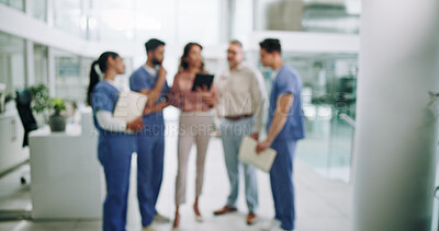 Buy stock photo Hospital chief, blur and planning with doctors and people for documents, schedule and feedback. Teamwork, advice and medical with group in clinic for healthcare compliance, nurse and insurance