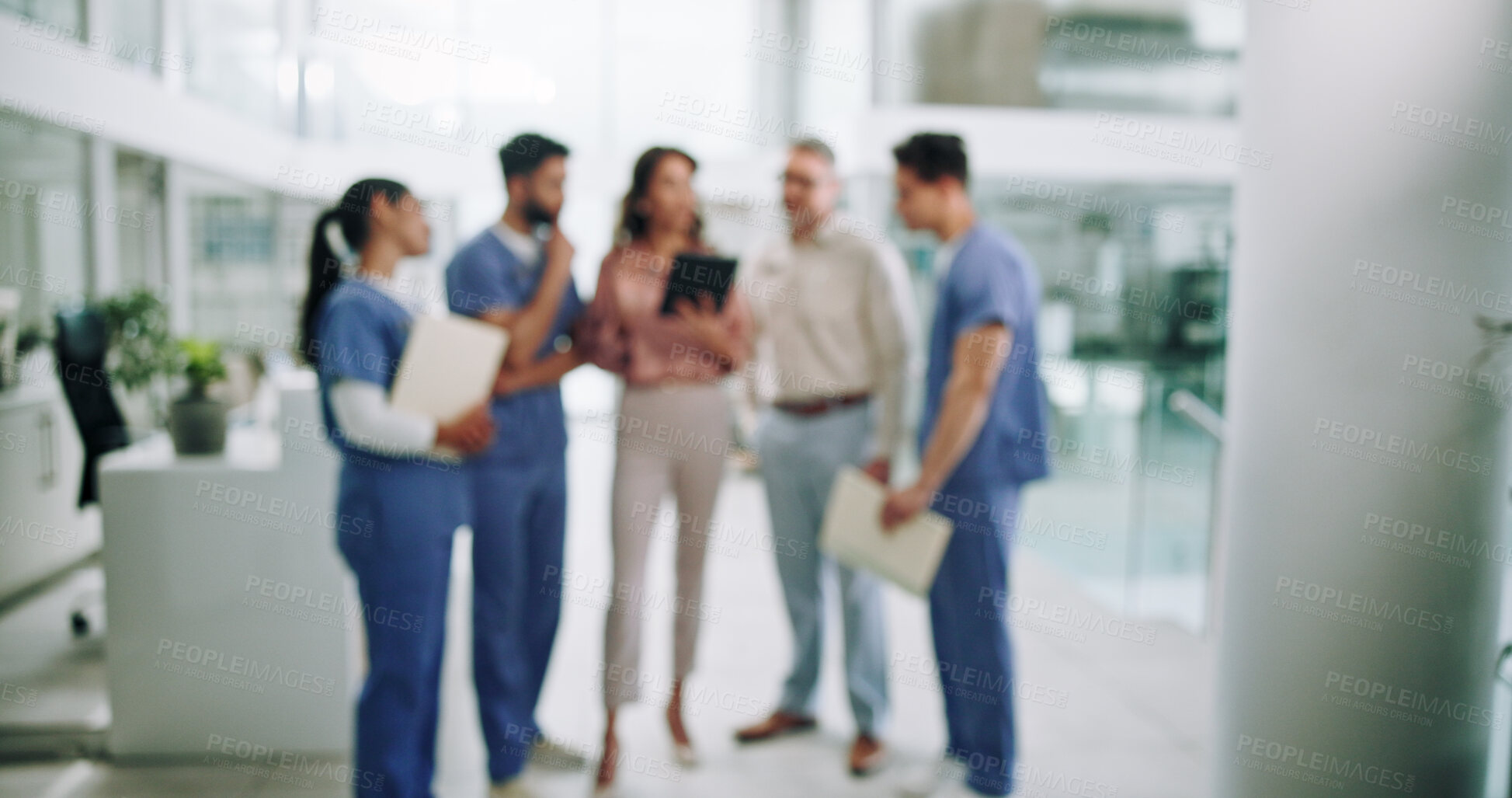 Buy stock photo Hospital chief, blur and planning with doctors and people for documents, schedule and feedback. Teamwork, advice and medical with group in clinic for healthcare compliance, nurse and insurance