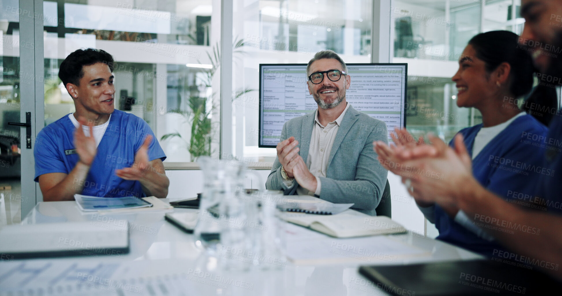 Buy stock photo Happy people, medical team and meeting with applause for winning, congratulations or thank you at conference. Excited, group or healthcare employees clapping with smile for promotion in boardroom