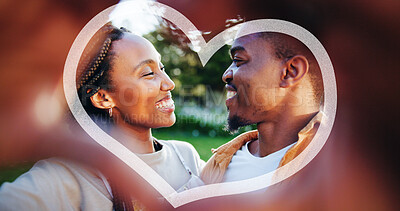 Buy stock photo Black couple, heart and hands with smile in park with graphic for love, trust and care outdoor. Garden, icon and emoji sign with people, kindness and save the date together for wedding announcement