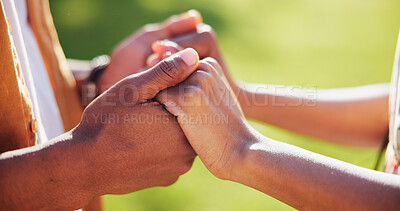 Buy stock photo Couple, trust and holding hands with support outdoor for gratitude, commitment and appreciation on date. Closeup, people and bonding in nature with love, relationship loyalty and respect in marriage