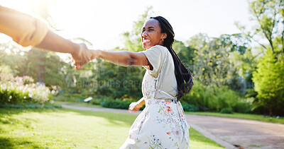 Buy stock photo Holding hands, spring and love with black couple in nature for romance, honeymoon date and bonding together. Celebration, happiness and smile with woman in park for relationship, support and care
