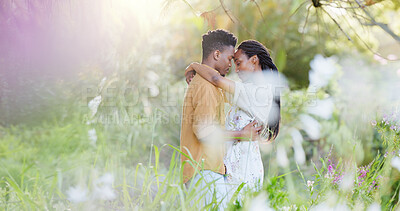 Buy stock photo Dance, garden and love with black couple in nature for romance, honeymoon date and bonding together. Connection, happiness and flowers with man and woman in park for relationship, support and care