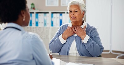 Buy stock photo Consulting, throat and healthcare with old woman and doctor for sickness, results or diagnosis. Medical, helping and illness with people in clinic for treatment plan, checkup and patient exam