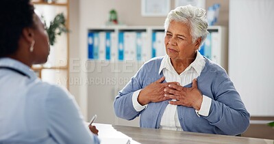 Buy stock photo Consulting, chest pain and healthcare with old woman and doctor for symptoms, results or diagnosis. Medical, helping and discussion with people in clinic for treatment plan, checkup and patient exam