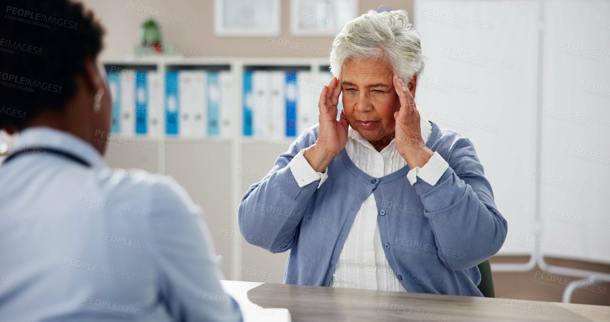 Buy stock photo Hospital, headache and doctor with senior woman for medical service, help and migraine treatment. Healthcare, clinic and mature patient explain pain symptoms for health exam, diagnosis and wellness