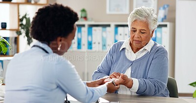 Buy stock photo Consulting, hand pain and healthcare with old woman and doctor for arthritis, results or diagnosis. Medical, helping and discussion with people in clinic for treatment plan, checkup and patient exam