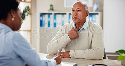 Buy stock photo Hospital, sore throat and doctor with mature man for medical service, help and treatment. Healthcare, clinic and woman consulting with mature patient in discussion for exam, diagnosis and symptoms