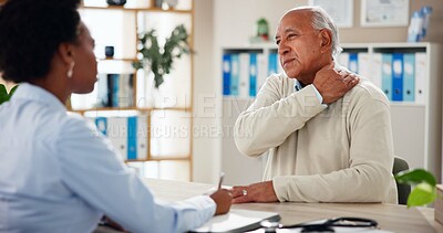 Buy stock photo Woman, doctor and senior man with shoulder pain, checkup or medical advice at clinic consultation. Help, healthcare professional and elderly patient in office with neck cramp, muscle injury or ache