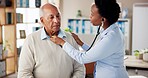 Woman, doctor and stethoscope with senior patient for heart beat, exam or checkup at hospital. Female person, cardiologist or medical employee with elderly client for health examination or assessment