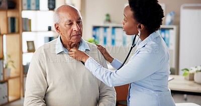 Buy stock photo Woman, doctor and stethoscope with senior patient for heart beat, exam or checkup at hospital. Female person, cardiologist or medical employee with elderly client for health examination or assessment