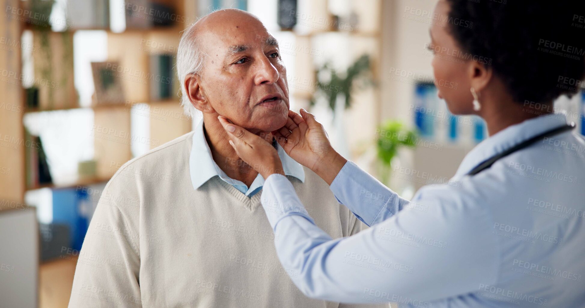 Buy stock photo Hospital, doctor and mature man with sore throat for medical service, help and treatment. Healthcare, clinic and woman with senior patient check lymph nodes for health exam, diagnosis and infection