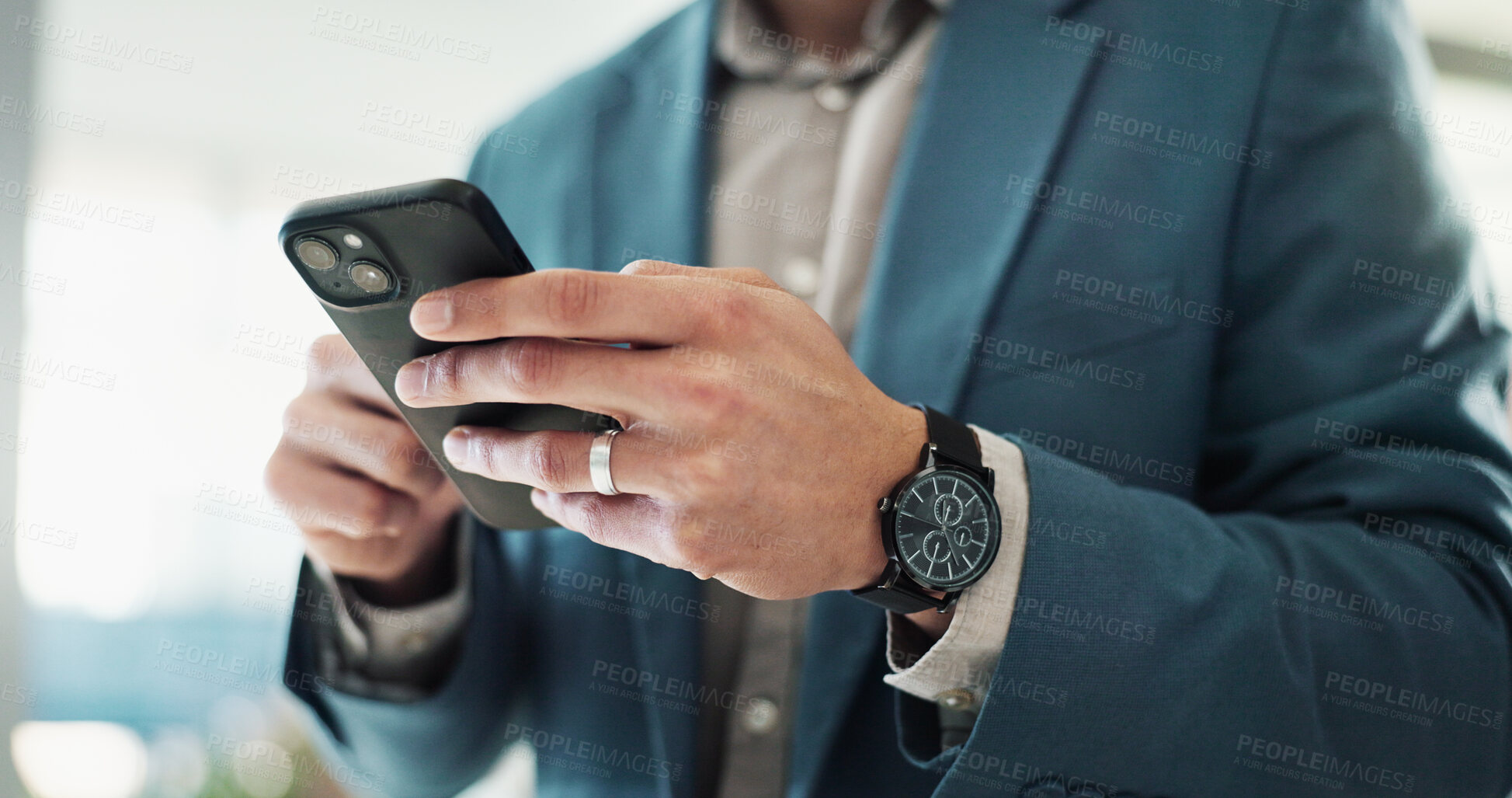 Buy stock photo Businessman, hands and mobile in office for typing, stock market news and feedback in company. Corporate person, trader and phone in lobby with connectivity, online shopping and cryptocurrency app