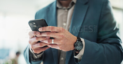 Buy stock photo Businessman, hands and phone in office for research, stock market news or feedback in company. Corporate person, trader or mobile in lobby with connectivity, ecommerce or typing in cryptocurrency app