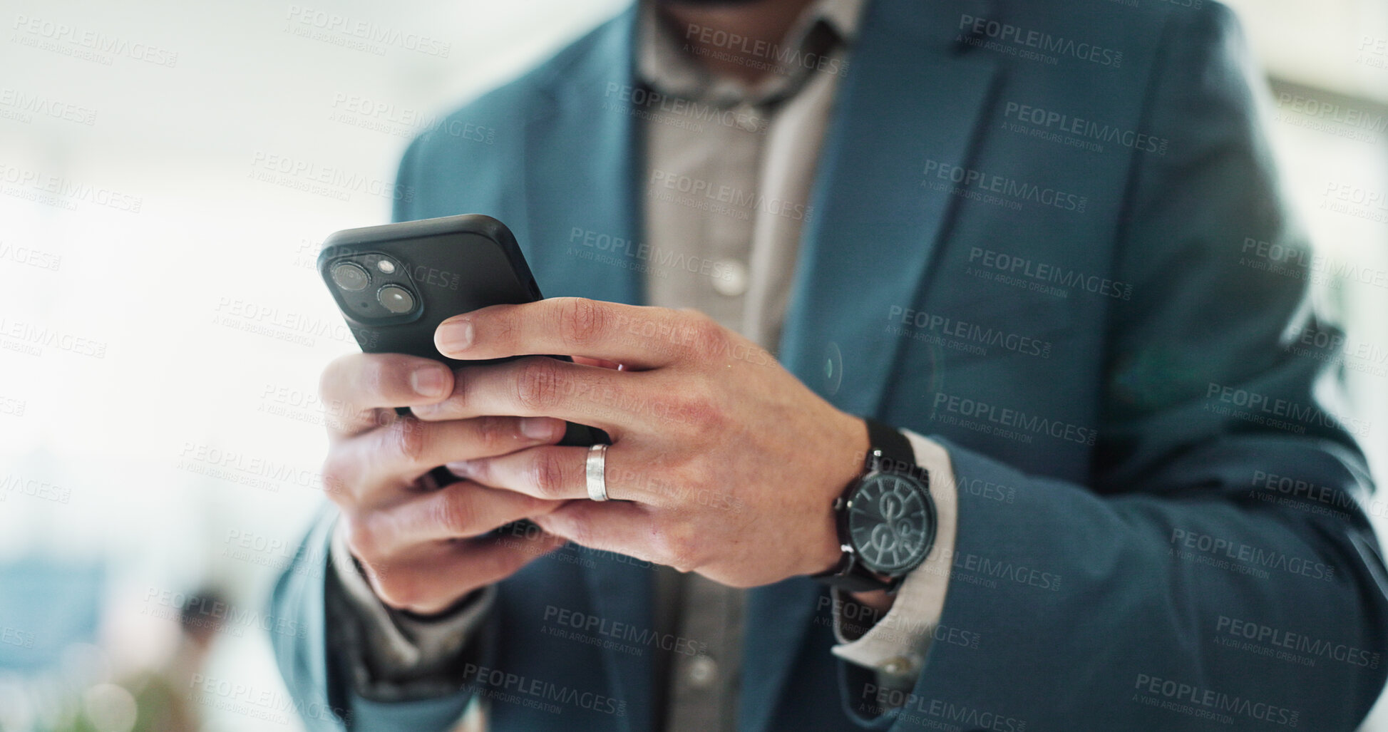 Buy stock photo Businessman, hands and phone in office for research, stock market news or feedback in company. Corporate person, trader or mobile in lobby with connectivity, ecommerce or typing in cryptocurrency app