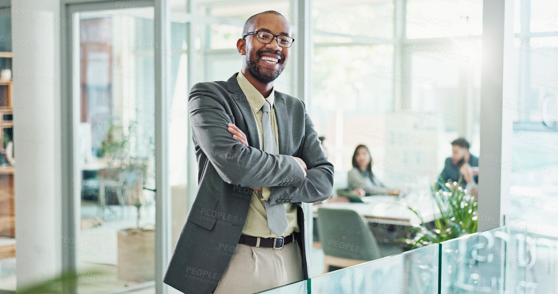 Buy stock photo Arms crossed, portrait and smile of business black man in office for corporate career development. Confident, face and pride with happy employee person in workplace for start of company internship