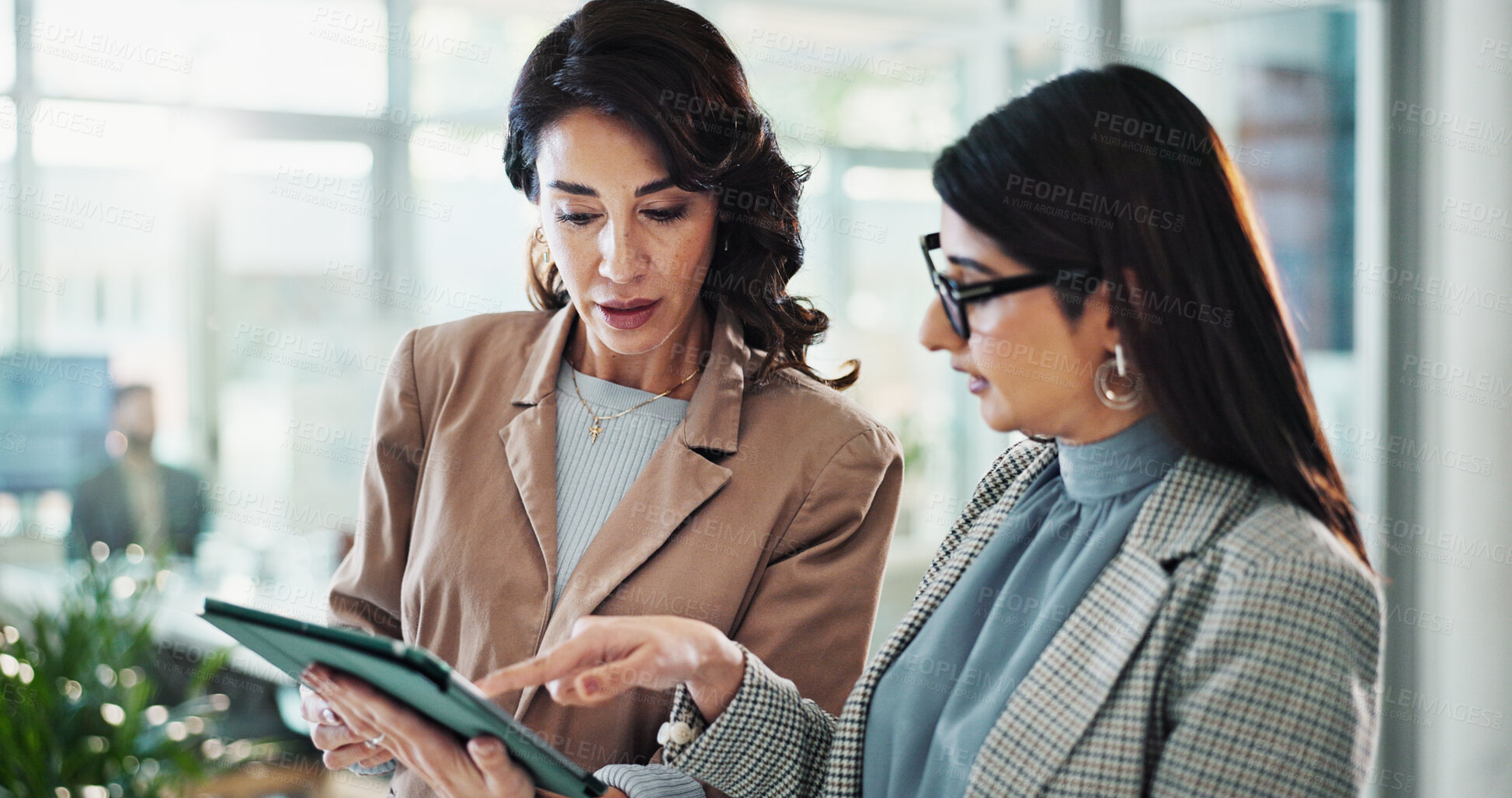 Buy stock photo Tablet, discussion and business women in office with research for break in finance stock market. Meeting, digital technology and female financial advisors with online revenue, profit or equity report