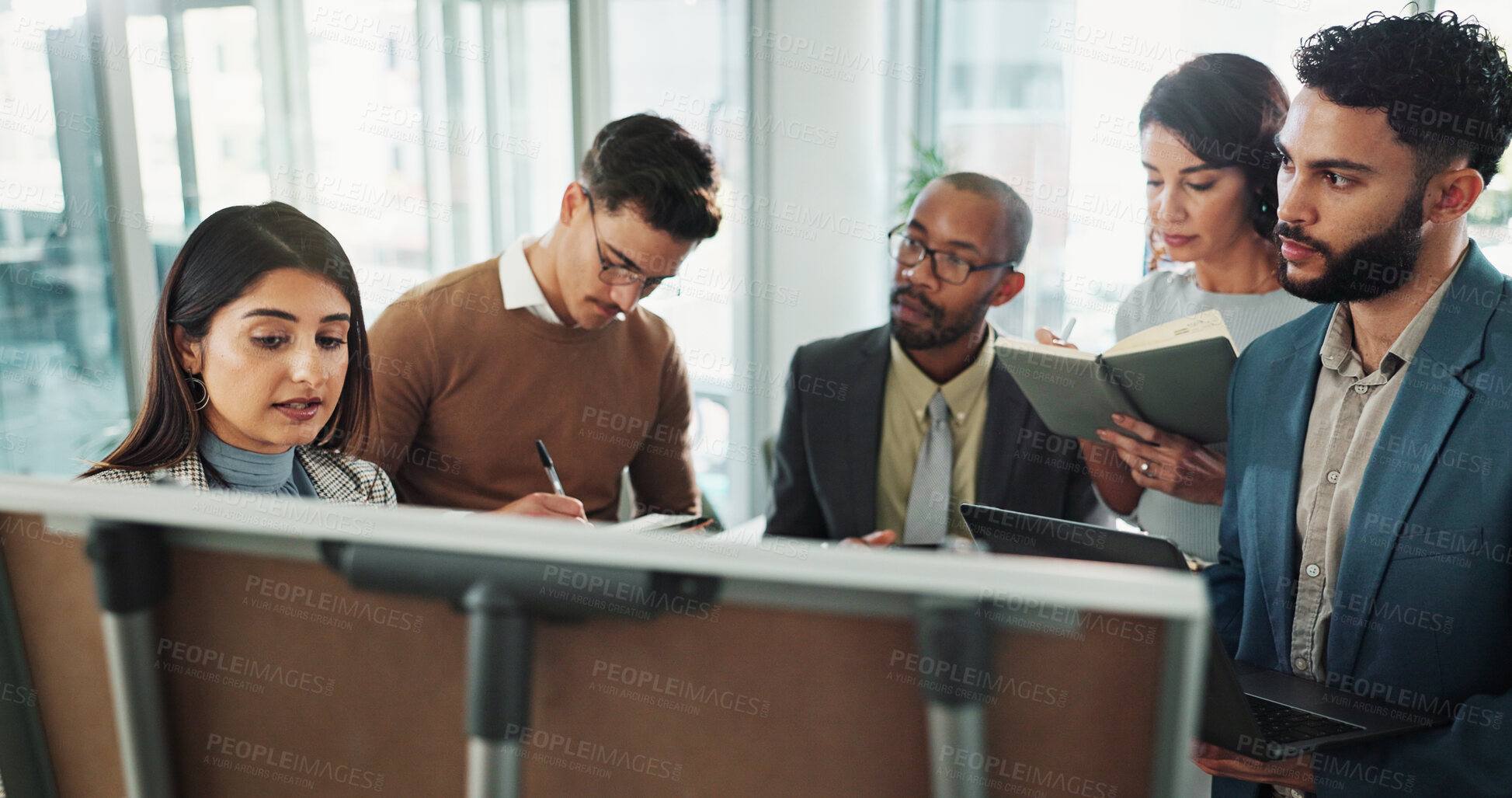 Buy stock photo Team, business people and board for presentation, training or compliance officer coaching in company. Group, leader and workshop meeting for learning rules, notes and brainstorming ideas for project