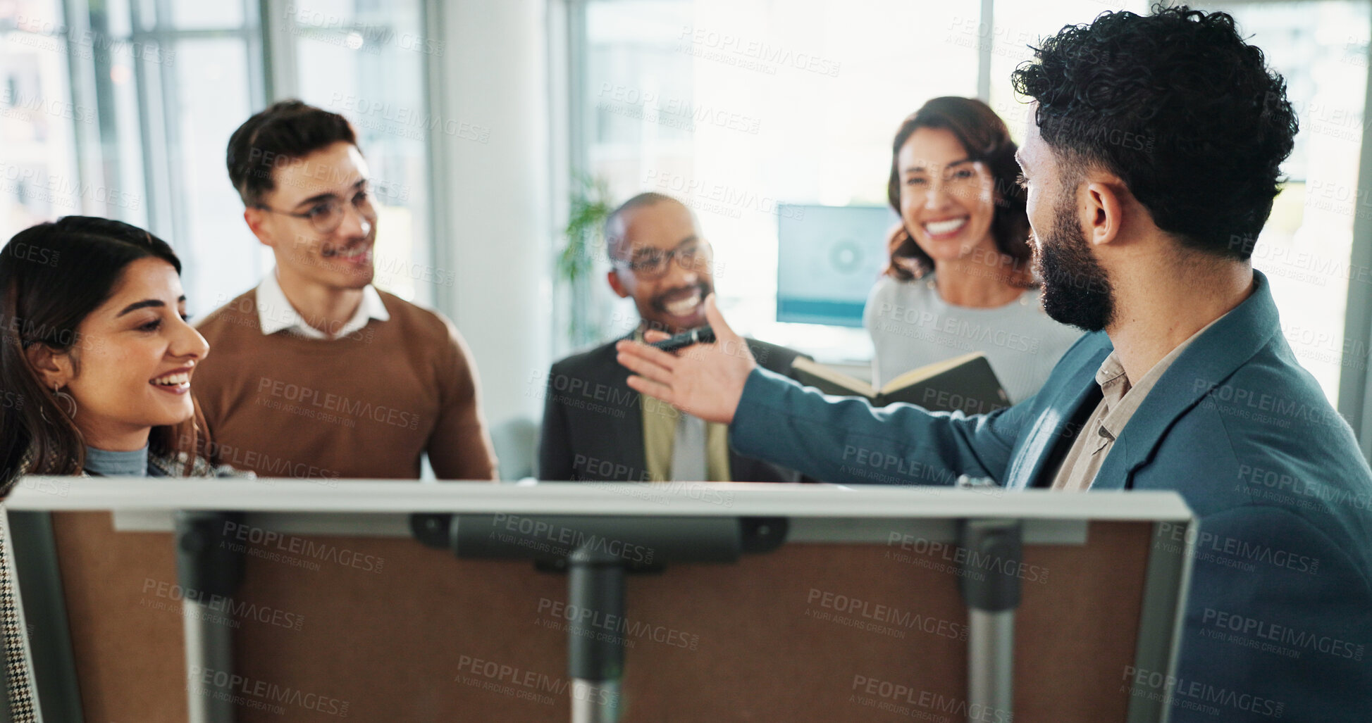 Buy stock photo Happy group, business people and whiteboard for presentation, training or compliance officer answer question. Team, leader and workshop meeting for learning rules, notes and brainstorming in office