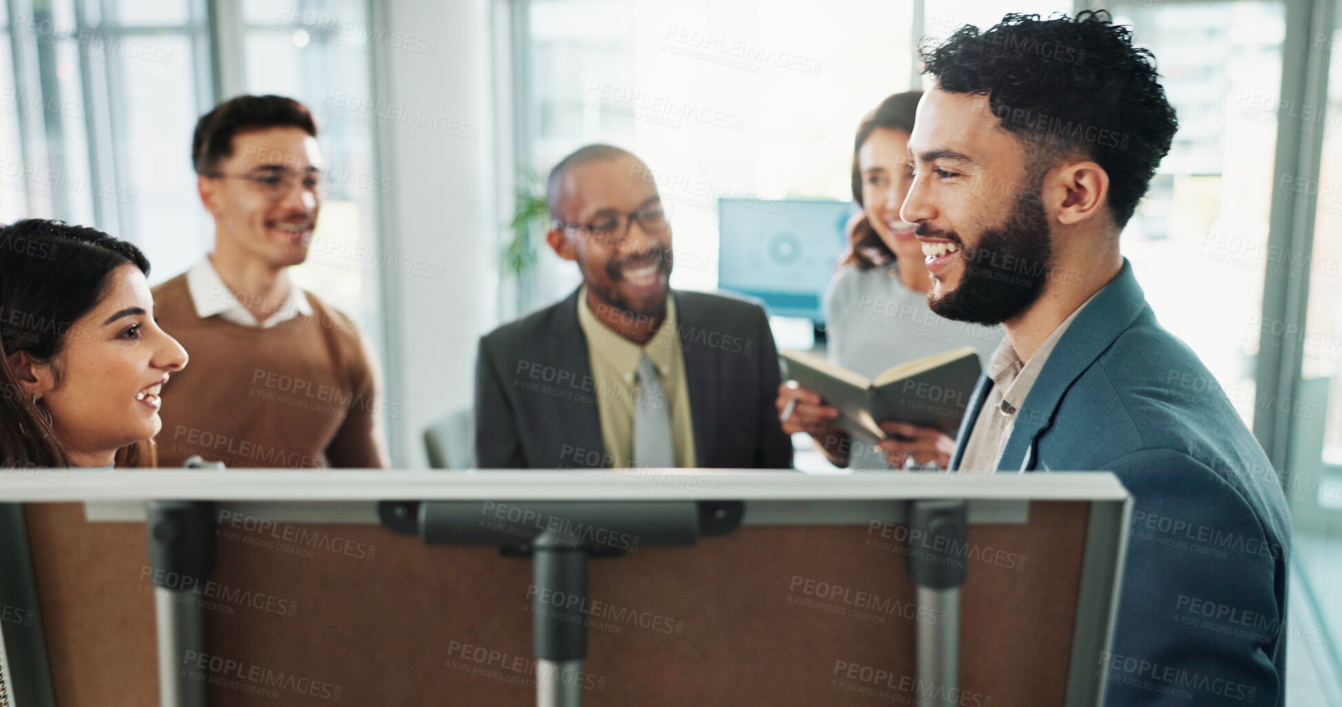 Buy stock photo Happy team, business people and whiteboard for presentation, training or compliance officer coaching. Group, leader and workshop meeting for learning rules, laughing and brainstorming ideas in office