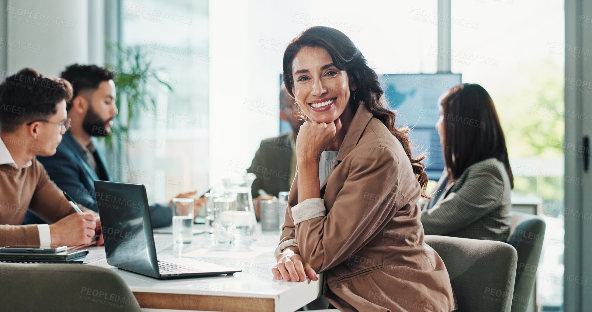 Buy stock photo Business woman, portrait and laptop in meeting with website research, proposal and planning at finance job. Office, accountant or online bookkeeper with computer for company revenue, growth and news