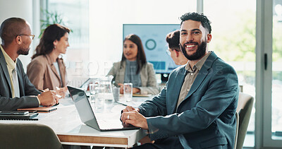 Buy stock photo Businessman, portrait and laptop in meeting with website research, proposal and planning at finance job. Office, accountant or online bookkeeper with computer for company revenue, growth and news