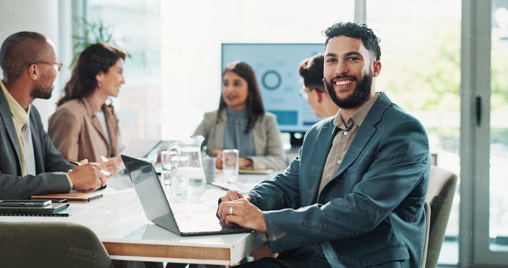 Buy stock photo Businessman, portrait and laptop in meeting with website research, proposal and planning at finance job. Office, accountant or online bookkeeper with computer for company revenue, growth and news