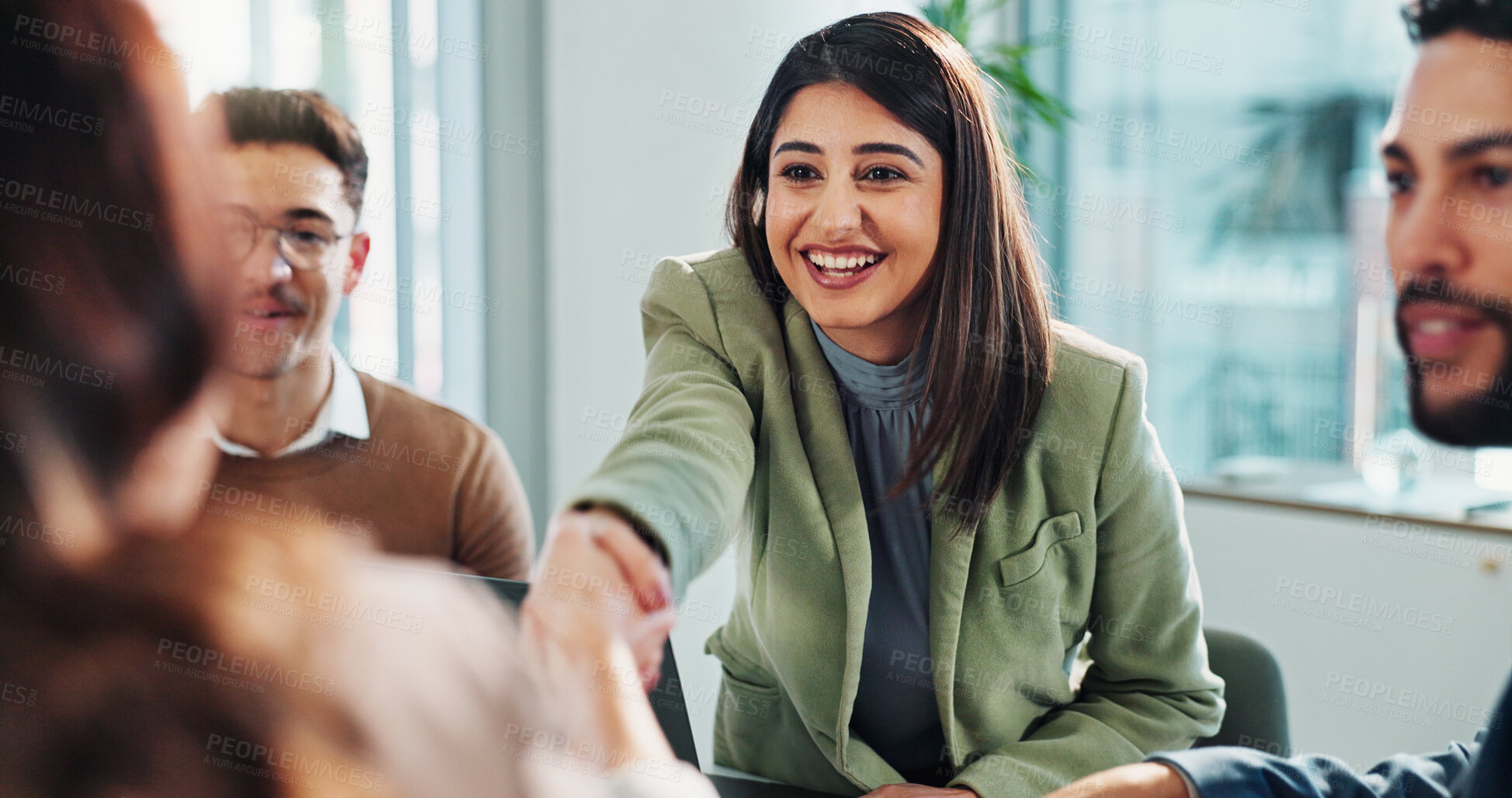 Buy stock photo Handshake, business woman and smile in office for welcome, thank you and introduction for company. HR interview, people and gesture in meeting for recruitment goals, IT partnership or b2b contract