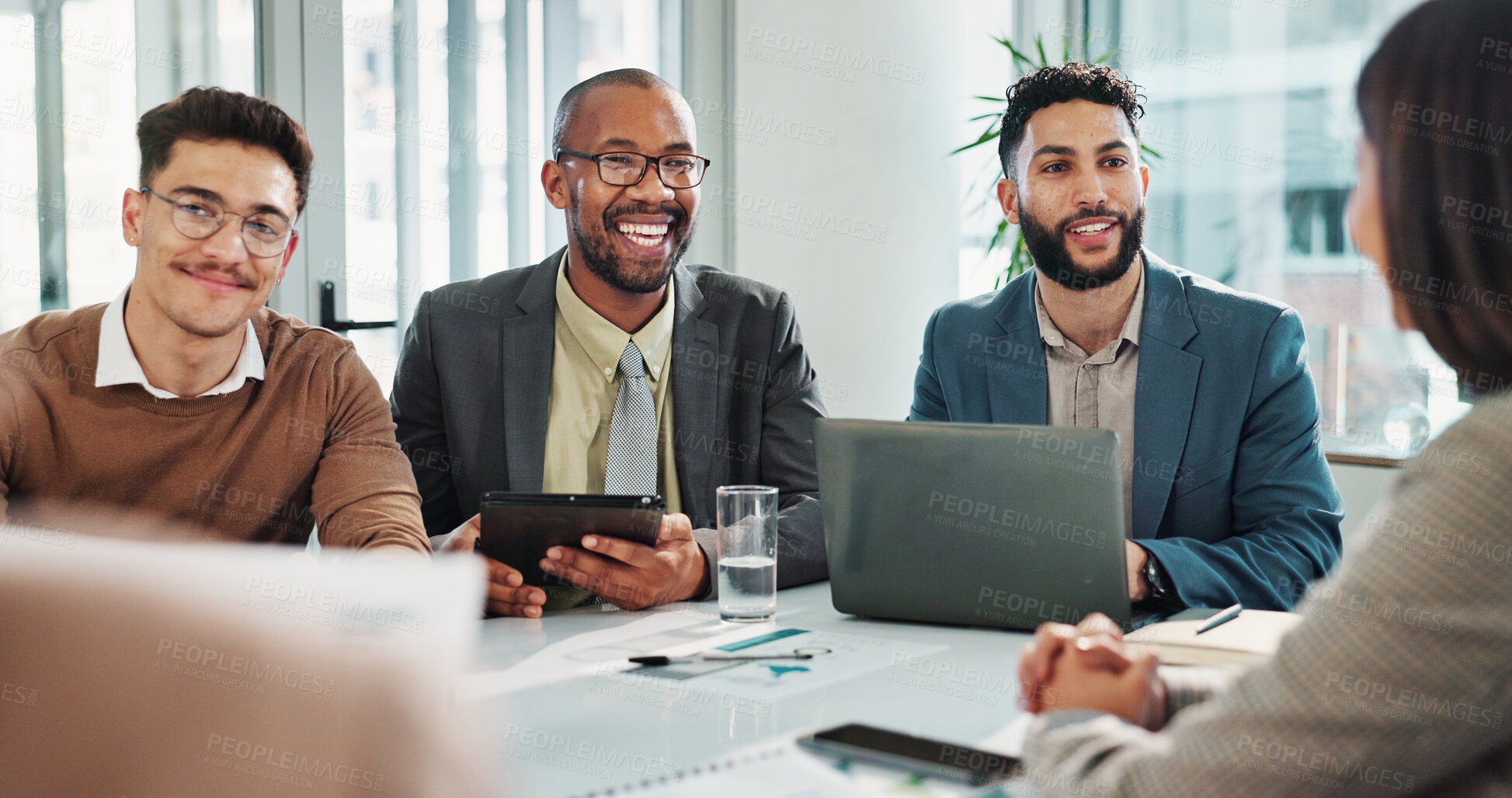 Buy stock photo Smile, finance or business people meeting with project feedback, laptop or teamwork. Revenue report, tablet or happy financial advisor talking to economists for economy good news or planning together