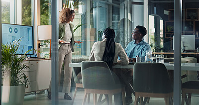 Buy stock photo Presentation, teamwork and business woman in meeting for planning, speaker or data analysis. Company profit, sales report and workshop with people in finance firm for investment, monitor and research