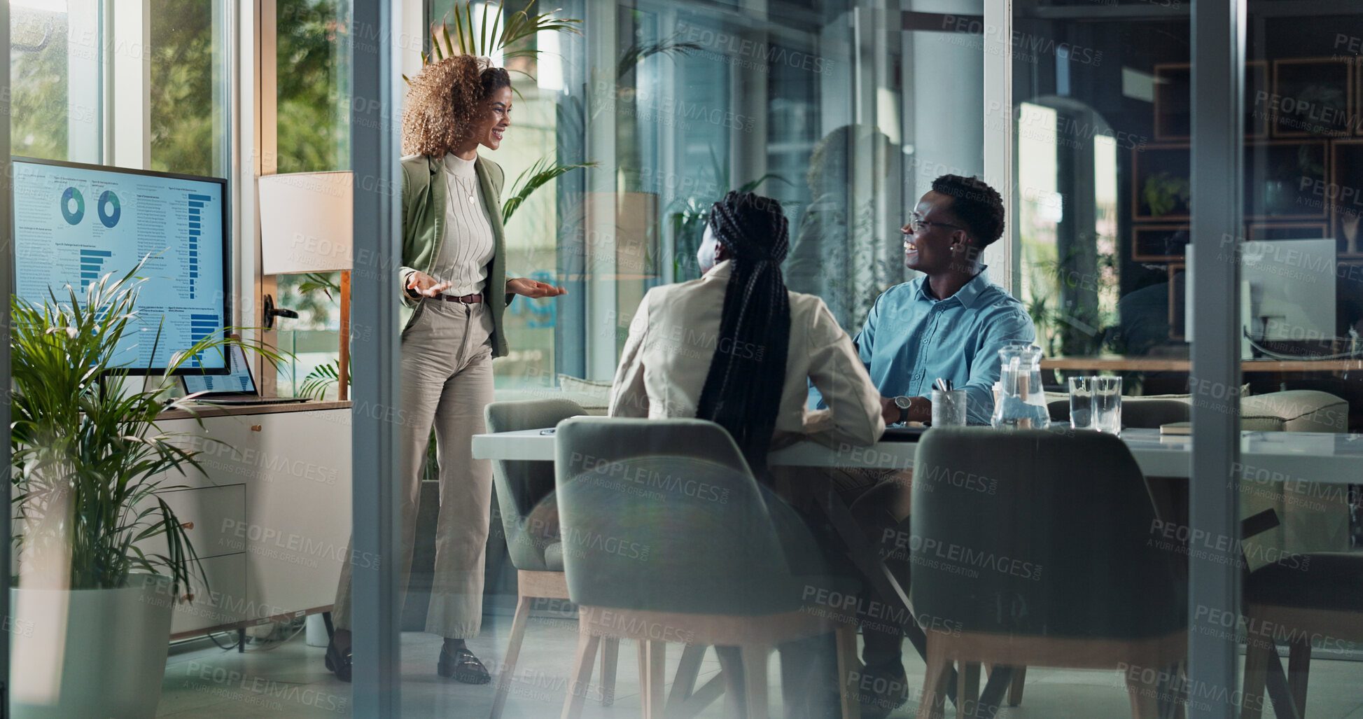 Buy stock photo Presentation, teamwork and business woman in meeting for planning, speaker or data analysis. Company profit, sales report and workshop with people in finance firm for investment, monitor and research