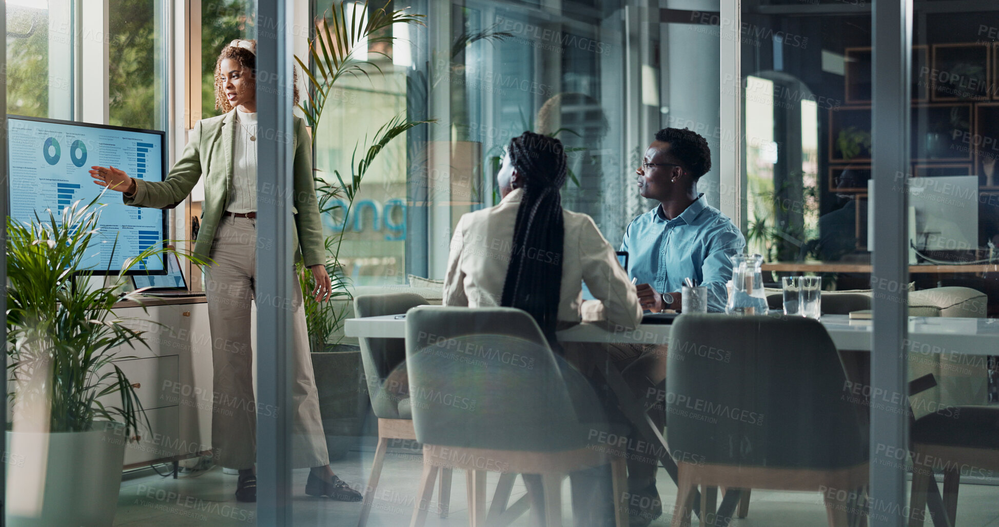Buy stock photo Presentation, chart and business woman in meeting for planning, teamwork or data analysis. Company profit, sales report and workshop with people in finance firm for investment, monitor and research