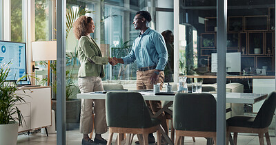 Buy stock photo Business woman, man and shaking hands in office for b2b collaboration, deal or welcome with hello at startup. People, partner and handshake for congratulations, thanks and success at finance agency